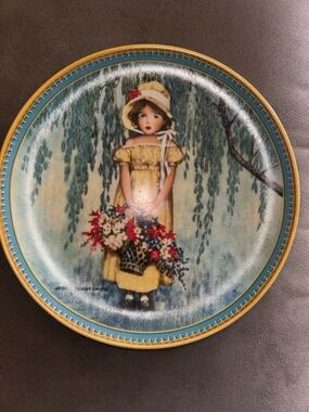 Knowles Decorative Plate with Girl in Yellow Dress and Blue Border